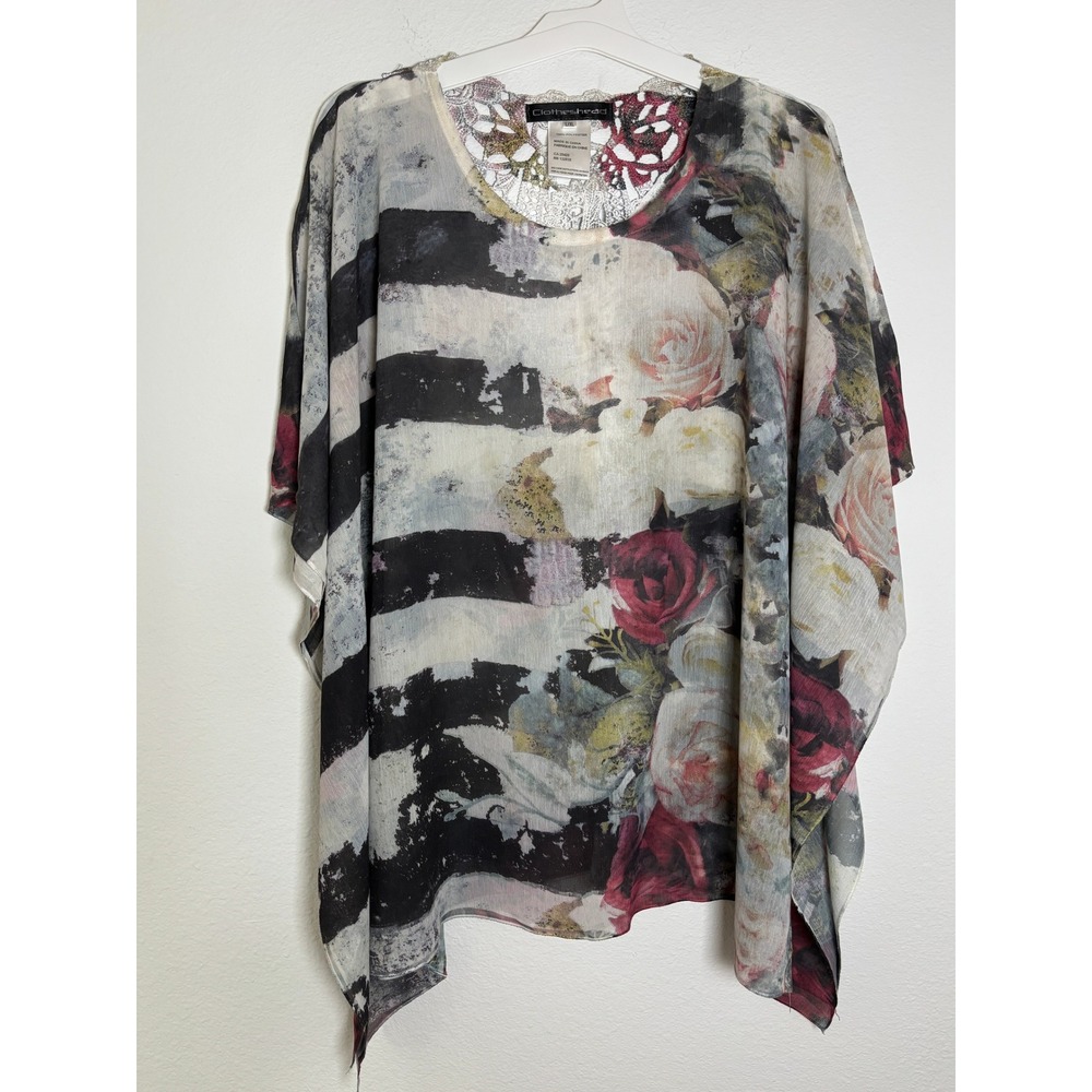 Clotheshead Floral Stripe Lace Neck Sheer Poncho Top L/XL Black White Red